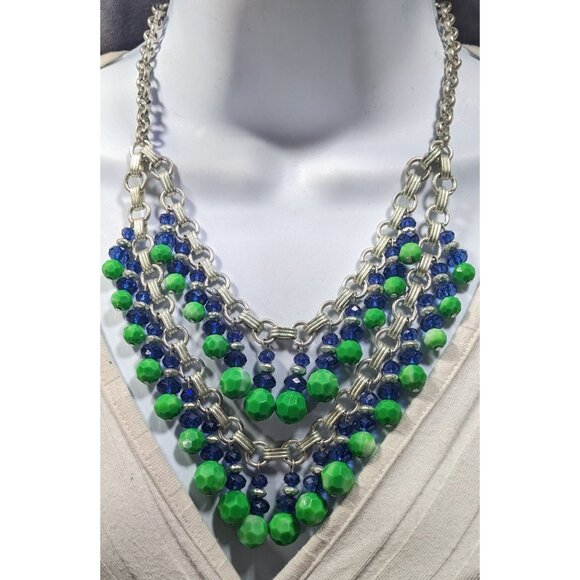 Funky Blue And Green Beaded Multilayer Fringe Necklace - Picture 4 of 6